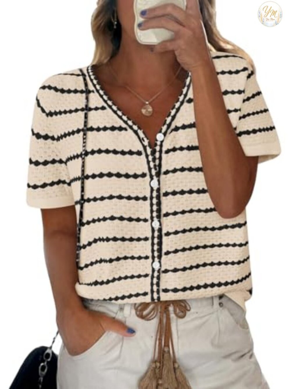Short Sleeve Crochet Knit Sweater Button Down V-Neck Cardigan Top